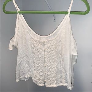 Hollister white cold shoulder button up flowy crop top